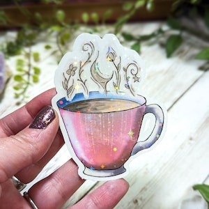 Holographic Magical Coffee Cup Sticker, Mystical Laminated Stickers, Magic Teacup, Water Resistant, Sparkly Pink Mug, Witchy Aesthetic