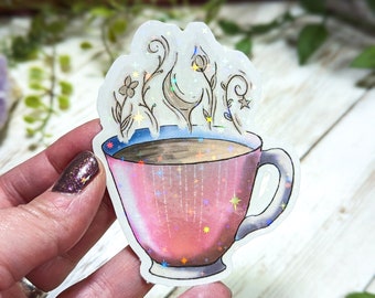 Holographic Magical Coffee Cup Sticker, Mystical Laminated Stickers, Magic Teacup, Water Resistant, Sparkly Pink Mug, Witchy Aesthetic