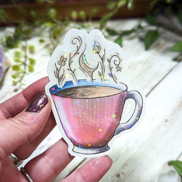 Holographic Magical Coffee Cup Sticker, Mystical Laminated Stickers, Magic Teacup, Water Resistant, Sparkly Pink Mug, Witchy Aesthetic