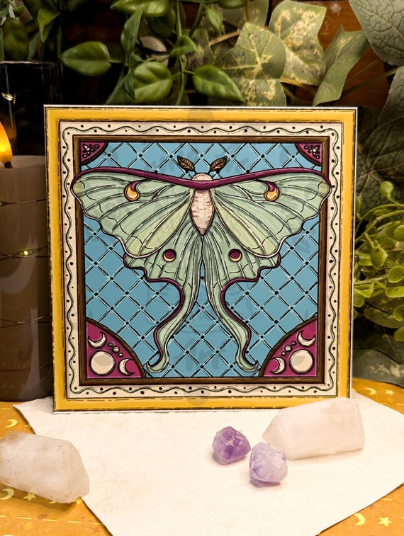 Luna Moth Art Print, Ornate Border Matte Art Prints, Pretty Green Moths, Cottagecore Wall Art, Whimsical Original Artwork, Gift for Women
