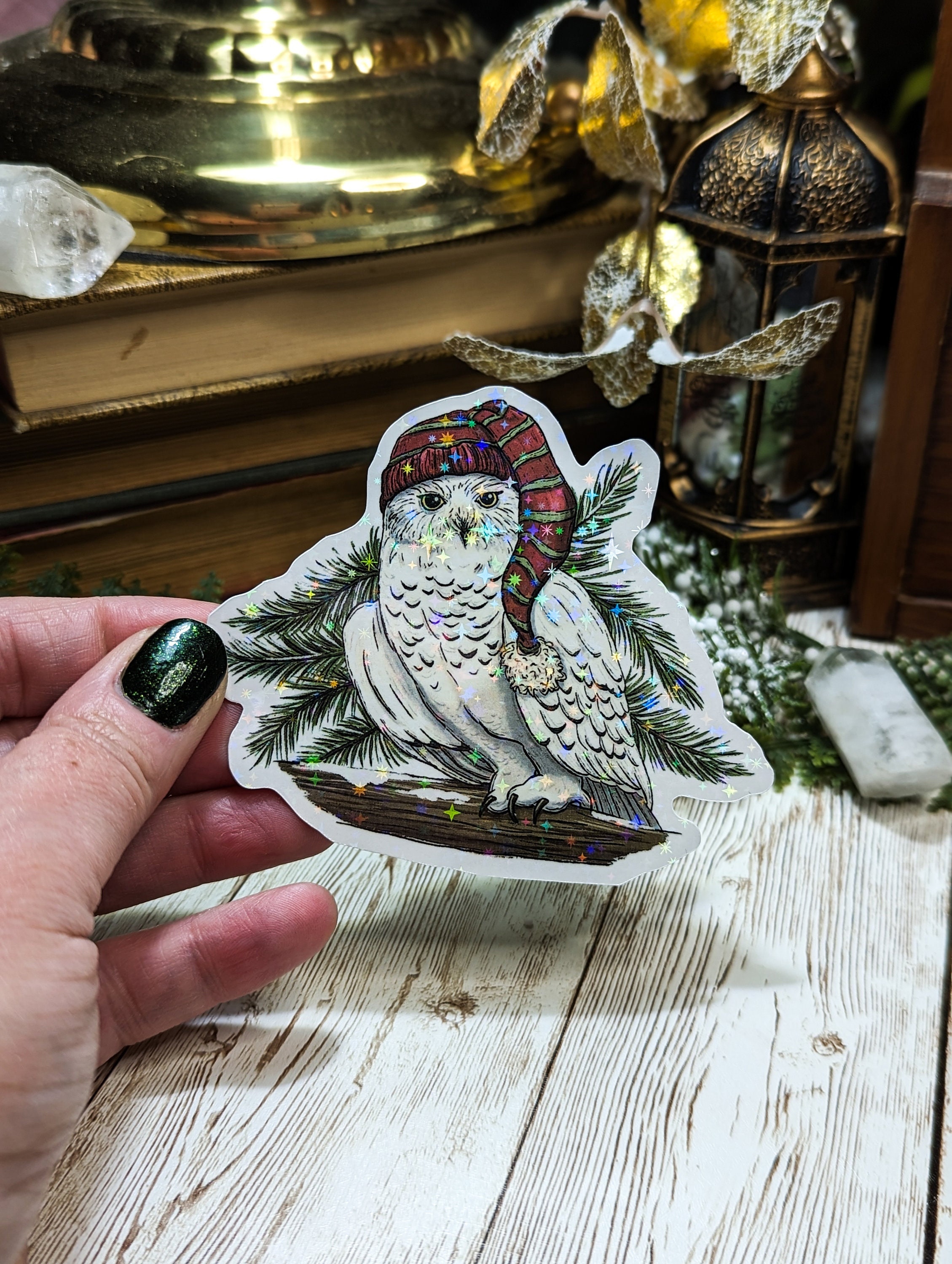 Holographic Snowy Owl Sticker, Laminated Christmas Owl Wearing Stocking Cap Stickers for Water Bottl