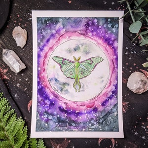 Fine Art Giclee Print "Luna Moth", Luna Moth Print, Moth Art, Luna Moth Art, Galaxy Moth Art, Watercolor Print, Witchy Decor, Magical Decor