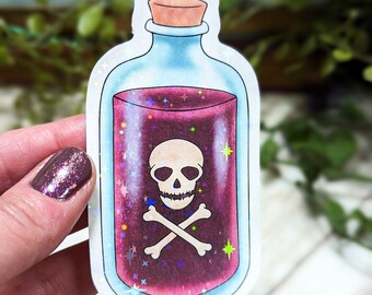 Poison Potion Holographic Sticker, Skull and Crossbones, Potion Bottle, Laminated Stickers, Water Resistant, Laptop Decal, Halloween, Spooky