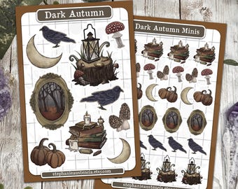 Dark Autumn Kiss Cut Sticker Sheet, Dark Academia Planner Stickers, Witchy Vibes for Journals Letters Planners, Ravens, Moons, Pumpkins
