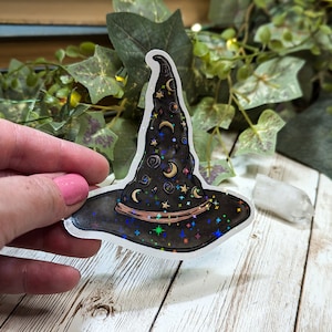 Magical Witch Hat Holographic Sticker, Spooky Halloween Stickers, Water Resistant, Laptop Bottle Sketchbook Decoration, Sparkly Moon Stars