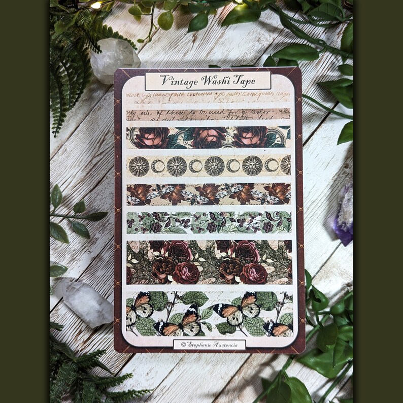 Vintage Inspired Washi Tape Stickers, Stickers for Bullet Journals, Journaling Decorations, Floral and Celestial Themed, Muted Autumn Colors image 1