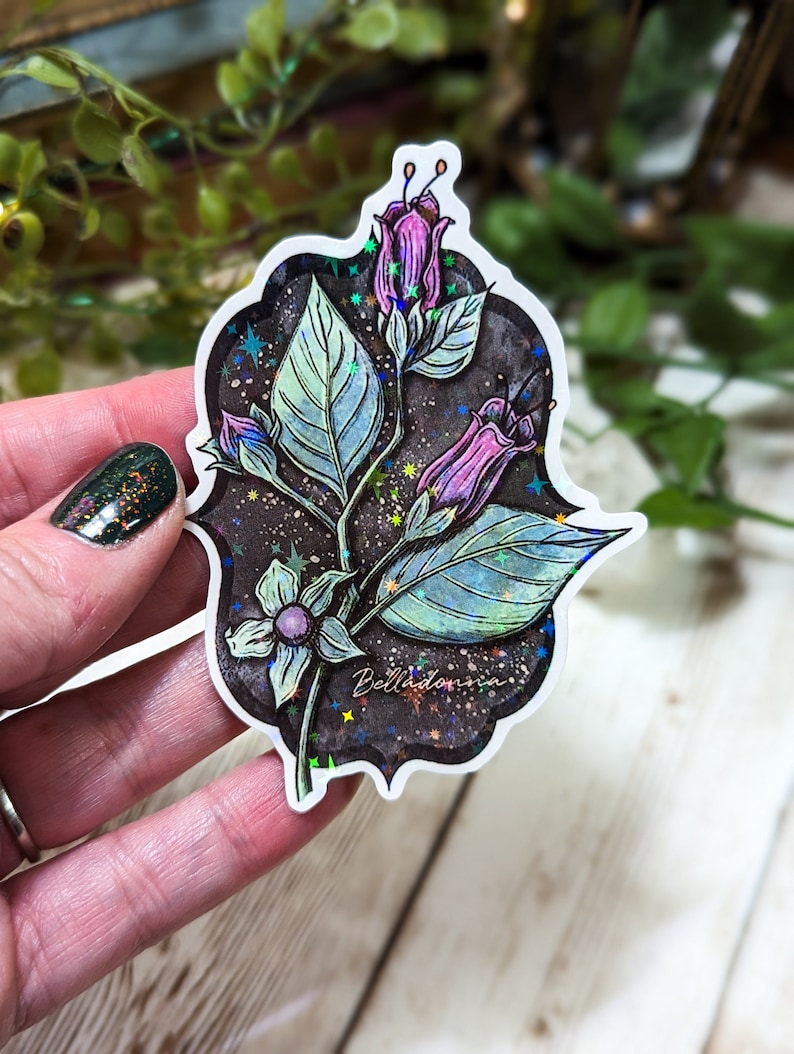 May include: A holographic sticker featuring a purple and green illustration of a belladonna plant with the word "Belladonna" written on the sticker.