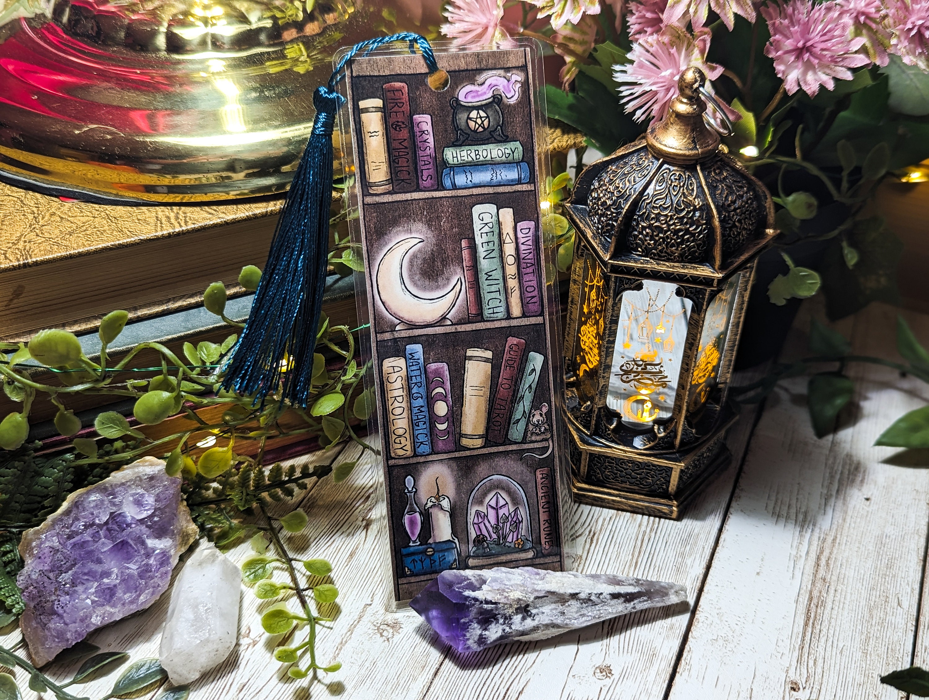 Witchy Bookshelves Bookmark, Witchy Aesthetic Book Mark, Whimsical Page Marker, Mystical Wooden Bookcase, Magical Tomes, Crystal Ball
