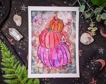 Fine Art Giclee Print "Pretty Pumpkins", Pumpkin Print, Autumn Print, Fall Print, Galaxy Pumpkin, Grungy Watercolor, Halloween Print