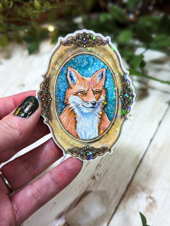 Holographic Fox Portrait Sticker, Laminated Stickers for Water Bottle, Framed Forest Animal, Whimsical Foxy Art, Laptop Decals, Fantasy