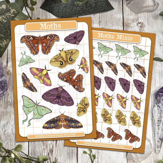 Moth Sticker Sheet, Hand Drawn Kiss Cut Stickers for Planners Journals Letters, Atlas Luna Rosy Maple Regal Io Granny's Cloak Moths