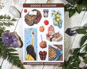 Apple Picking Sticker Sheet, Orchard Stickers, Picnic Basket and Books, Apple Pie and Butter, Journaling Art, Gift for Stationery Lovers