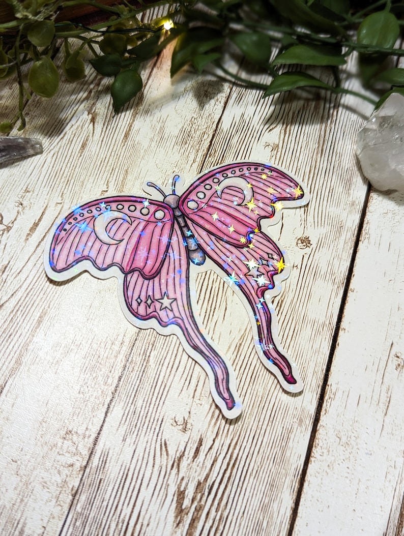 Moon Moth Sticker Holographic Pink Luna Moth Sticker, Laminated Stickers for Water Bottle ...
