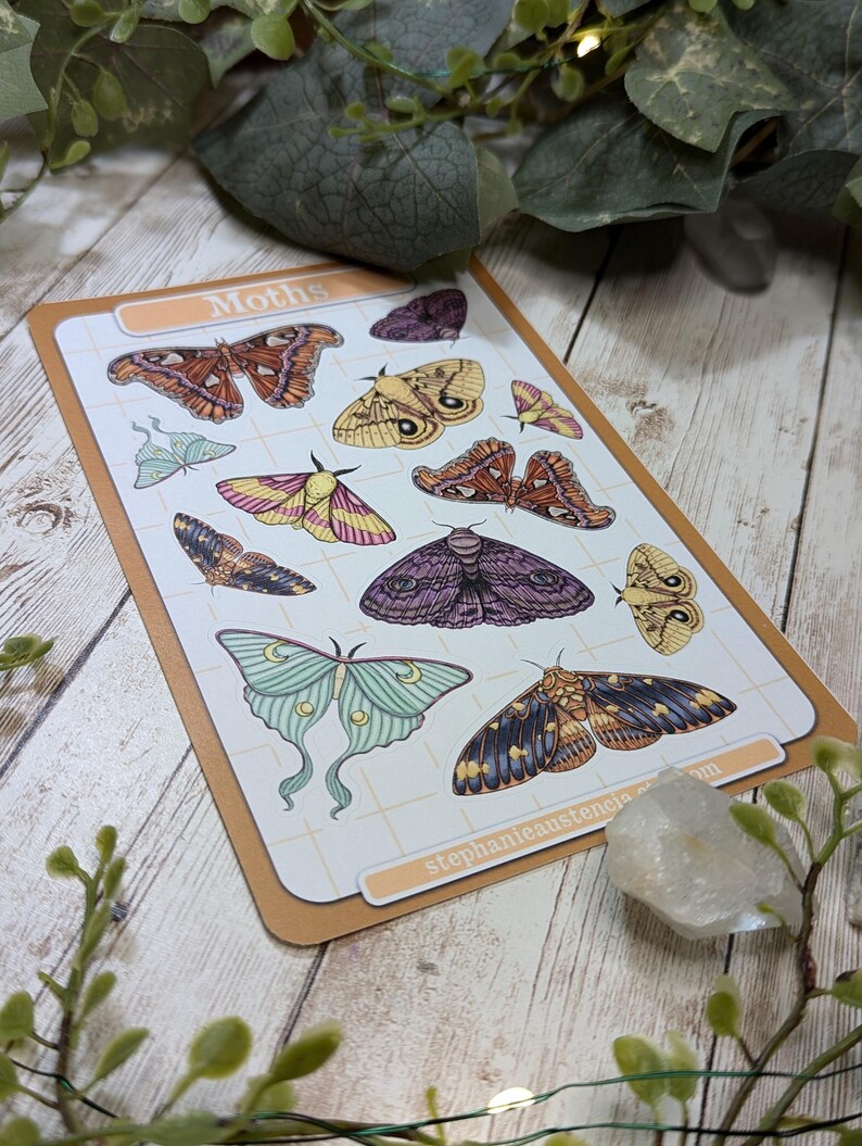 May include: A sheet of stickers featuring various moth illustrations. The stickers are on a white background with a grid pattern. The sheet is labeled "Moths" in the top left corner. The sheet is surrounded by green leaves and a white crystal.