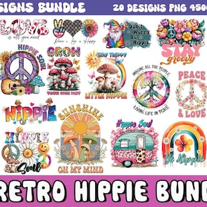 Paquete de sublimación hippie retro: 20 PNG para camisetas, pegatinas, tazas, POD y diseños vintage de paz.