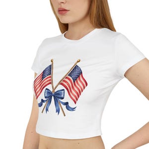 Coquette American Flags Patriotic 4th of July Women&#39;s Baby Tee, Independence Day Graphic T-Shirt, USA Flag Print Ladies Top, Red White Blue