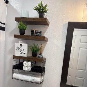 Set of 3 Wood Bathroom Shelves With Basket | Over Toilet Storage | Toilet Paper Holder | Wall Shelves | Floating Shelves | Bathroom Storage