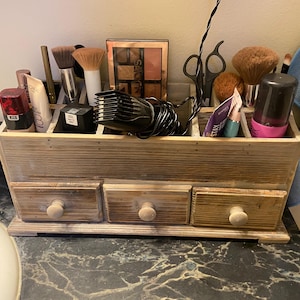 Rustic Wood Vanity Organizer for Cosmetics Or Makeup With 3 Drawers | Bathroom Storage | Cosmetic Storage | Wooden Storage Box | Home Decor