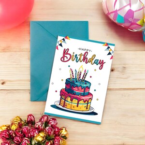 Cartão de aniversário para impressão - Cartão de felicitações digital engraçado com bolo de aniversário - Download instantâneo para celebrações únicas e momentos especiais