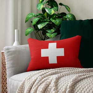 Swiss Flag Lumbar Pillow | Switzerland Home Decor, Alpine Throw Cushion, Swiss Gift