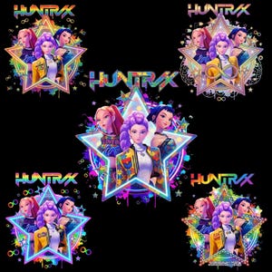 May include: Digital art featuring the word "HUNTRAX" in rainbow colors, with multiple images of four women in a star-shaped frame. The women have various hair colors and wear colorful jackets and tops. The background is black.