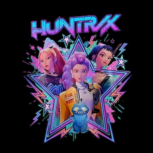 May include: Graphic design featuring three stylized female figures with vibrant hair, set against a neon starburst and the word "HUNTRAX". A blue creature is in the foreground. The design uses a palette of pink, purple, and teal on a black background.