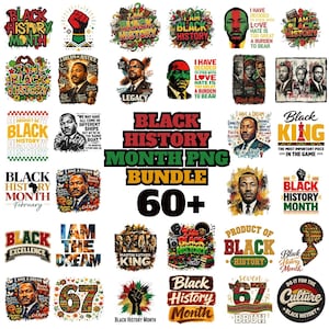 May include: A bundle of over 60 Black History Month PNG graphics. The designs include portraits of historical figures, inspirational quotes, and bold text. The colour palette includes red, green, yellow, and black.