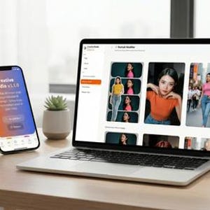 May include: A laptop and smartphone sit on a wooden desk. The laptop displays a photo editing interface with multiple images of a woman. The smartphone shows the "Creative Studio v1.1.0" app interface. A small succulent plant in a white pot is also on the desk.