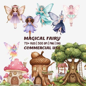 Fantazyjny akwarelowy zestaw clipartów Wioska Wróżek, Magiczne Domy Wróżek, Fantastyczne Drzewa, Zaczarowane Elementy Ogrodu, do Fantastycznych Ilustracji