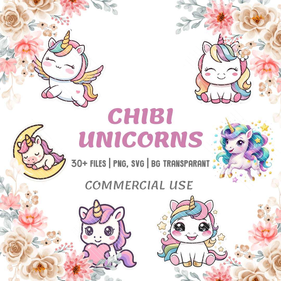 Chibi Unicorn Clipart Bundle - Cute Kawaii Unicorns PNG SVG - Pastel ...