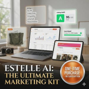 Könnte beinhalten: Ein Laptop und ein Tablet zeigen ein Marketing-Dashboard mit Diagrammen und Grafiken. Das Bild enthält den Text "ESTELLE AI: THE ULTIMATE MARKETING KIT" und "ONE-TIME PURCHASE - NO SUBSCRIPTION". Zusätzlicher Text enthält "SEO Tags", "Etsy SEO" und "Listing Audit".