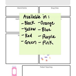 May include: A yellow sticky note with the text "Available in:" and a list of colors: black, orange, yellow, blue, red, purple, green, and pink. The note is on a white background with a grid pattern.