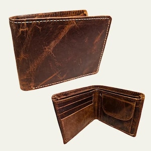 Cartera de piel de búfalo de grano completo para hombre hecha a mano: piel ecológica, curtida con vegetales, encerada y con múltiples bolsillos, rústica