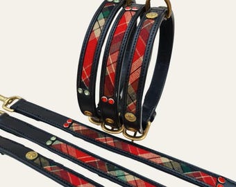 Set di collare e guinzaglio per cani in pelle scozzese tartan fatti a mano