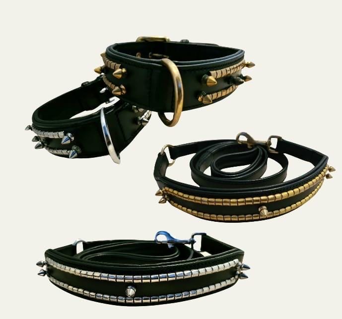 ハンドメイドレザーの犬用首輪とリードセット：ブラックスタッズ
