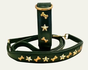Set di collare e guinzaglio per cani in pelle di bufalo fatti a mano: dettaglio stella e osso