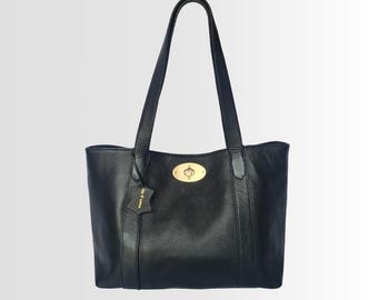 Black Full Grain Leather Tote Bag, Artisan Work Handbag, Elegant Designer Shoulder Bag