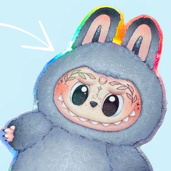 Kawaii Tattooed Labubu Sticker: Waterproof Holographic Vinyl Decal