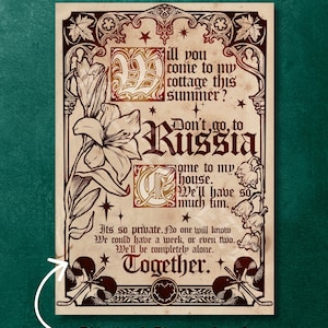 May include: A vintage-style digital download art print with ornate borders and floral illustrations. The text reads "Will you come to my cottage this summer? Don't go to Russia. Together." The print has a sepia tone.
