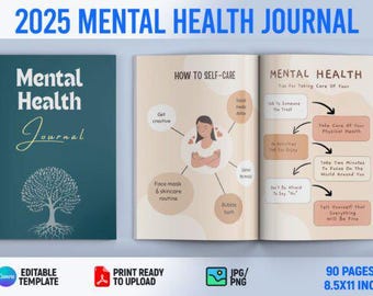 2025 Mental Health Journal | Canva Editable KDP Interior | Self-Care Planner | Gratitude Journal | Printable & PDF | KDP Low Content Book