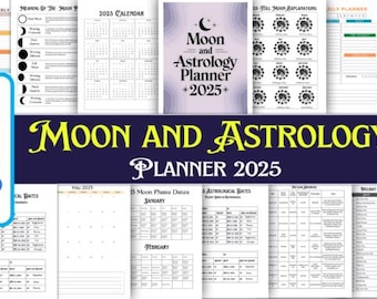 Planificador lunar y astrológico 2025 / Organizador diario y mensual celestial / Diario del ciclo lunar / Guía del zodíaco y horóscopo / Calendario espiritual