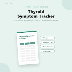 Puede incluir: Una descarga digital titulada "Thyroid Symptom Tracker" con fondo blanco y detalles en verde azulado. El diseño incluye una plantilla de seguimiento y casillas de verificación que indican 6 páginas, US Letter + A4, impresión ilimitada y PDF instantáneo.