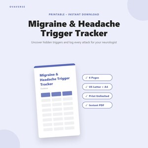 May include: A digital printable titled "Migraine & Headache Trigger Tracker" with a light blue and white design. The tracker includes sections for logging attacks and uncovering triggers. Additional text indicates it is a printable instant download.