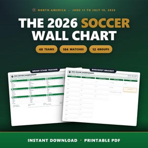 Könnte beinhalten: Ein 2026 Fußball-Wandchart als digitale Datei mit Gruppenphasen-Tracker und K.o.-Runden-Plan. Das Design enthält Text mit 48 Teams, 104 Spielen und 12 Gruppen auf einem dunkelgrünen Hintergrund mit weißen, druckbaren PDF-Seiten.