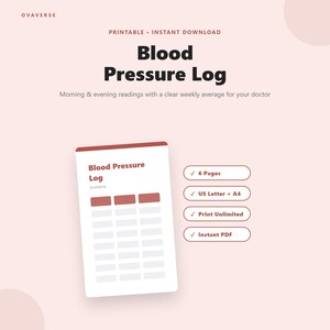 May include: A printable blood pressure log with the text "Blood Pressure Log" in a modern font. The log includes space for morning and evening readings. Additional text includes "Printable, Instant Download" and "Morning & evening readings with a clear weekly average for your doctor."