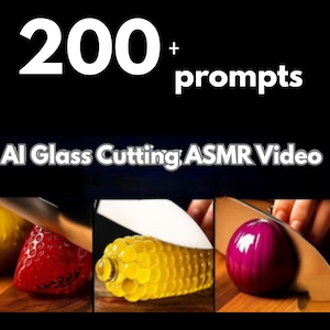 May include: A promotional image with the text "200+ prompts" in white on a black background. Below, the text "AI Glass Cutting ASMR Video" is displayed. The image features three glass sculptures of a strawberry, corn, and onion being cut.