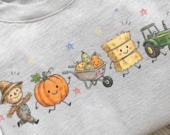 Pompoenveld Doodle-figuren PNG, Pompoenveld-sweatshirtontwerp, Gezellige herfstsublimatie, Oogstshirt, Digitale print van het oogstseizoen