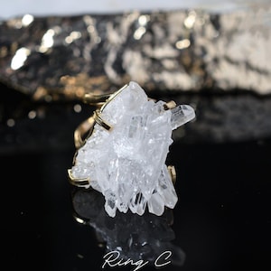 Raw Cluster Clear Quartz Ring – Handmade Gold-Plated Statement Jewellery, Adjustable Crystal Ring, Boho Healing, Gift for Her,Crystal Quartz