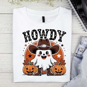 Western Ghost Howdy PNG: Cowboy Checkered Letters Halloween Design (Digital Download)