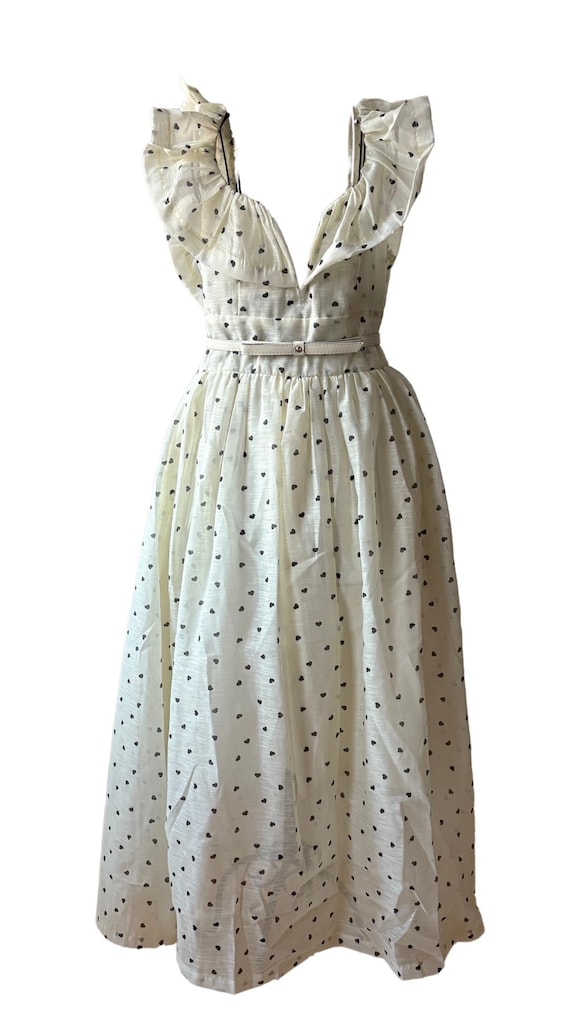 Romantic Ruffle Dress – Light Yellow with Black Hearts | One Size (Fits up to EU 44) + Belt Included